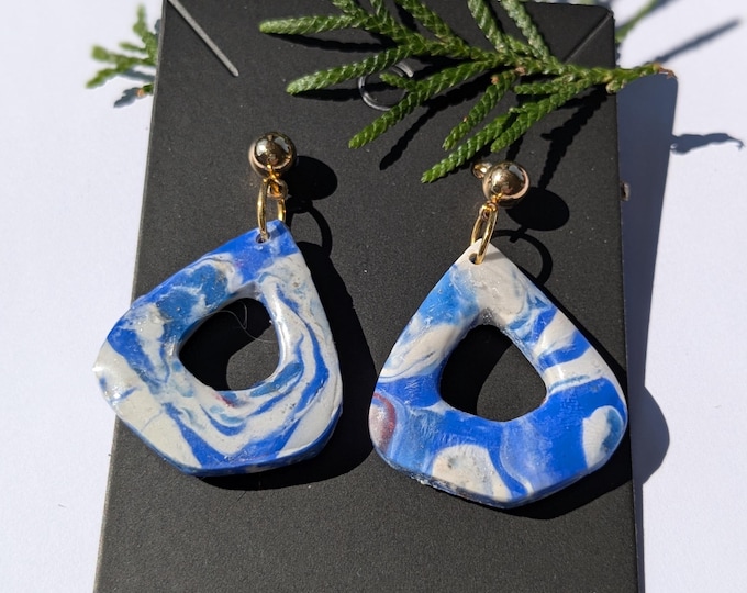 Handmade Blue & White Marbled Polymer Clay Earrings – Gold Plated Hypoallergenic Posts – Lightweight Modern Statement Jewelry