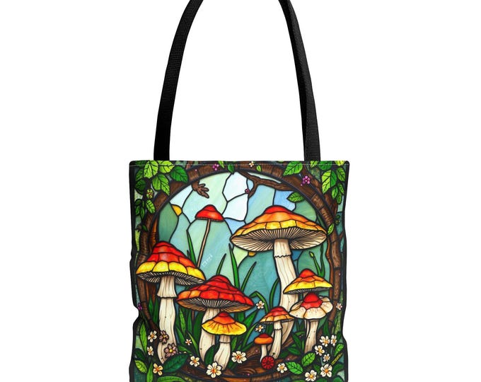 Mushroom Canvas Tote Bag, Stained Glass Mushroom Art Tote, Colorful Forest Fungi Bag, Nature Lover Gift, Eco Friendly Reusable Tote Bag