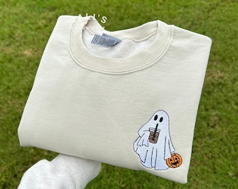 Embroidered Сute Ghost Coffee sweatshirt, Сute Little Ghost Iced Coffee t-shirt Boo Ghost Shirt, Ghost Coffee Shirt, Halloween Coffee Lovers