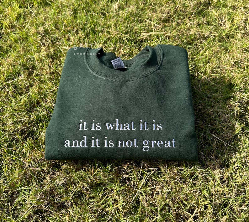 May include: A dark green sweatshirt with the text "it is what it is and it is not great" embroidered in white.