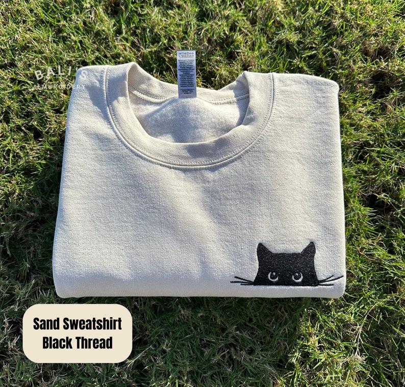 Cat Embroidered Sweatshirt,Cute Cat Sweatshirt,Black Cat Shirt,Cat Peeking Sweatshirt, Sweatshirt,Gift for Cats Lover,Cat Mom Sweatshirt image 2