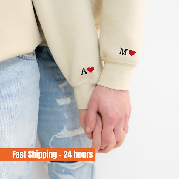 Custom Embroidered Initial Heart Sweatshirt, Couples Matching Sweatshirts, Initial on Sleeve, Couple Shirt, Wedding Anniversary,