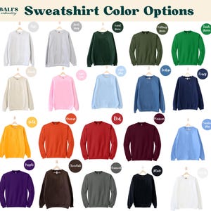 May include: A chart showing 20 different sweatshirt colors. The colors are arranged in four rows of five. The colors are: Ash, Steel Grey, Forest Green, Military Green, Irish Green, Taupe, Pink, Light Blue, Indigo, Navy, Gold, Orange, Red, Maroon,  Carolina Blue, Purple, Chocolate, Charcoal, Black, White.