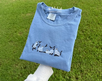 Broderie Ghost Cats Halloween Comfort Colors Shirts, Sweat à capuche Halloween Ghost Cats, Broderie fantôme chat effrayant drôle, Chauves-souris fantômes