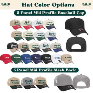 Puede incluir: Una selecci&oacute;n de gorras de b&eacute;isbol en varios colores y estilos. Las gorras est&aacute;n dispuestas en filas, con cada fila mostrando una combinaci&oacute;n de colores diferente. Las gorras son todas gorras de b&eacute;isbol de perfil medio de 5 paneles. El texto "5 Panel Mid Profile Baseball Cap" est&aacute; en la parte superior de la imagen. El texto "5 Panel Mid Profile Mesh Back" est&aacute; en el medio de la imagen. El texto "Bali's Embroidery" est&aacute; en la esquina superior derecha de la imagen.