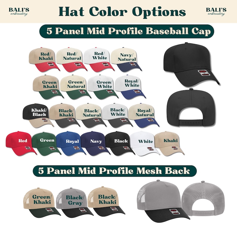 Puede incluir: Una selecci&oacute;n de gorras de b&eacute;isbol en varios colores y estilos. Las gorras est&aacute;n dispuestas en filas, con cada fila mostrando una combinaci&oacute;n de colores diferente. Las gorras son todas gorras de b&eacute;isbol de perfil medio de 5 paneles. El texto "5 Panel Mid Profile Baseball Cap" est&aacute; en la parte superior de la imagen. El texto "5 Panel Mid Profile Mesh Back" est&aacute; en el medio de la imagen. El texto "Bali's Embroidery" est&aacute; en la esquina superior derecha de la imagen.