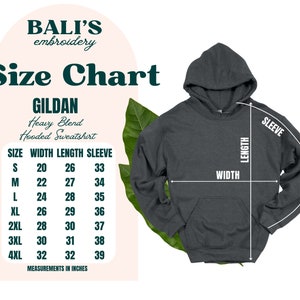 May include: Size chart for a Gildan heavy blend hooded sweatshirt. The chart shows the size, width, length, and sleeve length in inches. The chart is on a pink background with a green leaf.