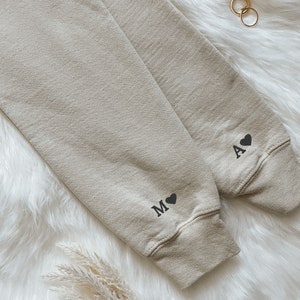 Custom Embroidered Sweatshirt with Sleeve Heart Initials, 8th anniversary, Couples Matching Sweatshirts, 1yr anniversary, Initial on Sleeve