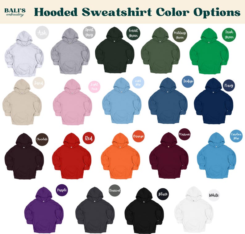 May include: Hooded sweatshirts in a variety of colors, including ash, forest green, military green, and navy. The sweatshirts are all the same style, with a drawstring hood and a kangaroo pocket.