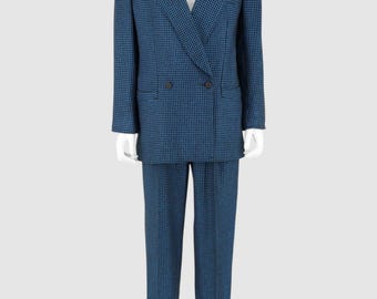 Extrem seltene Thierry Mugler H/W 1978 Runway Vintage Archival Hahnentritt Anzug FR 42 M L Blaue Wolle Power Blazer Hohe Taille Hose