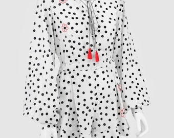 Masterpeace Polka Dot Playsuit S M Boho Floral bestickter Strampler Viskose Rüschenärmel Quaste Designer Overall