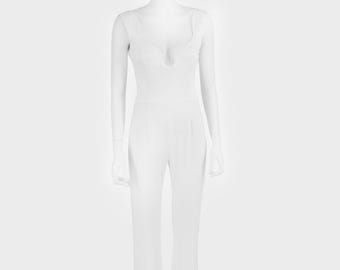 Galvan London Barcelona Weißer Braut-Jumpsuit, Luxus Crepe Offener Rücken Weites Bein Maßgeschneiderter Jumpsuit, FR 42 UK 14 L