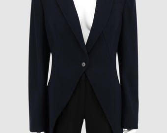 Alexander McQueen 2011 Dark Navy Wool Crepe Asymmetric Peplum Tailored Blazer IT 46 EU 42 XL