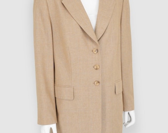 Escada Piacenza Cashmere Silk Blazer, Sand Beige Blue Windowpane Check Luxury Tailored Jacket, DE 46 2XL/3XL