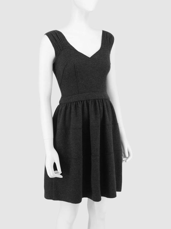 Prada, Prada Charcoal Grey Virgin Wool Corset Bodice Deep V-Neck A-Line Dress IT 40 EU 36 S