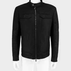 Etro zwarte bikerjas van echt lamsvacht met patroonafwerking, maat XL M/L