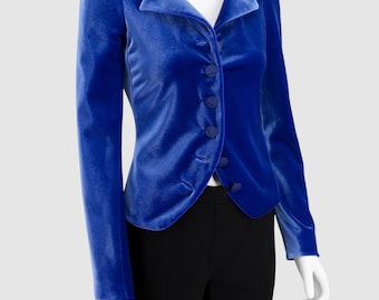 Giorgio Armani elektrisch blauwe fluwelen blazer IT 38 EU 34 XS sculpturaal getailleerd designerjack gemaakt in Italië