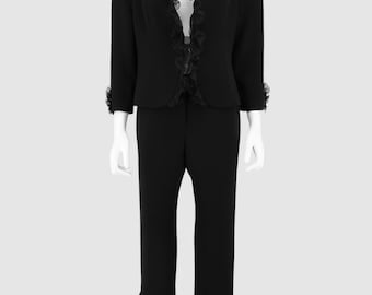 Giorgio Armani Black Pure Silk Suit, Sheer Ruffle Trim Jacket and Flared Trousers, Italian Designer Set, IT 42 M/L