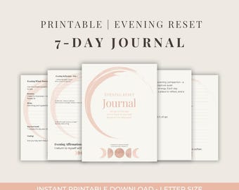 Abend-Reset-Journal | 7-Tage druckbare nächtliche Reflexion + Affirmationen | Digitales Selbstfürsorge-Tagebuch für Frauen