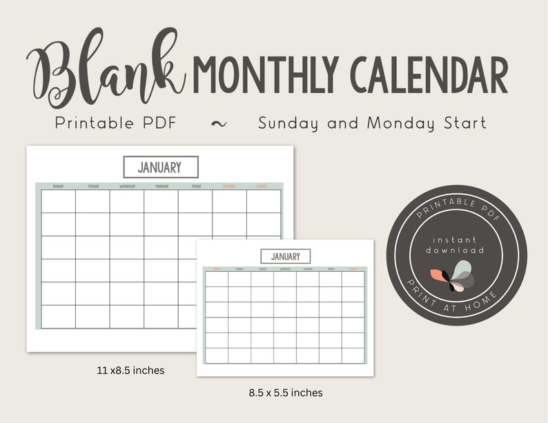 Blank Monthly Calendar Landscape Template, Printable Calendar Blank ...