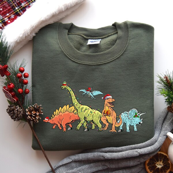 Dinosaur Christmas Lights Sweatshirt, T-Rex Merry Christmas Sweater, Dino Lover Xmas Shirt, Christmas Gifts, Christmas Kids Shirt,Xmas Shirt