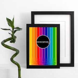 May include: A black framed print featuring a rainbow striped design with a black circle containing the text "TECHNOSPHERE LTD" in the centre. The rainbow stripes are reflected in a water-like surface at the bottom of the print.