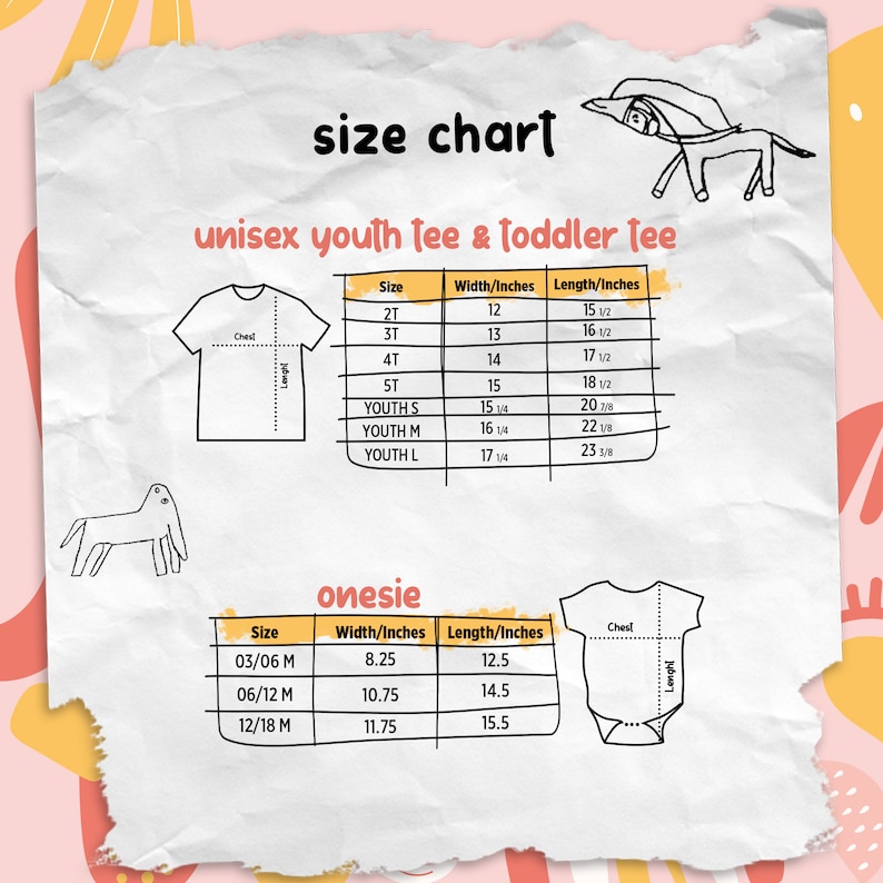 May include: Size chart for unisex youth and toddler tees and onesies. The chart shows sizes from 2T to Youth L and 03/06 M to 12/18 M, with corresponding width and length measurements in inches.