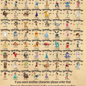 Pode incluir: Um p&ocirc;ster de estilo vintage com uma grade de v&aacute;rios personagens da Disney, incluindo Mickey Mouse, Donald Duck, Stitch, e muitos outros. Cada personagem &eacute; emoldurado com o texto "Disneyland" e "est. 1955" junto com a palavra "California".