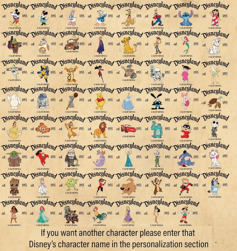 Pode incluir: Um p&ocirc;ster de estilo vintage com uma grade de v&aacute;rios personagens da Disney, incluindo Mickey Mouse, Donald Duck, Stitch, e muitos outros. Cada personagem &eacute; emoldurado com o texto "Disneyland" e "est. 1955" junto com a palavra "California".