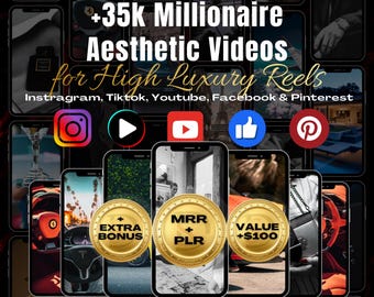 May include: A collage of images showcasing a collection of 35,000+ luxury aesthetic videos for social media. The images include a car, a watch, a purse, and a phone. The text on the image reads "+35k Millionaire Aesthetic Videos for High Luxury Reels Instagram, Tiktok, Youtube, Facebook & Pinterest".
