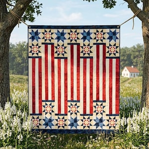 May include: A rectangular quilt featuring a patriotic design with vertical red and white stripes. The top and bottom borders consist of blue and white star-shaped blocks with red centers, framed by a dark blue border on all four sides.