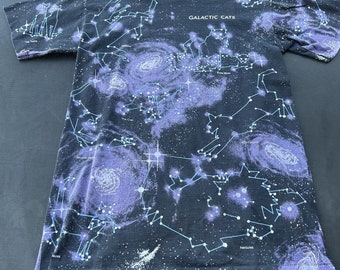 VTG Katzen Konstellationen Astrologie T-Shirt Herren L Space Galaxy USA