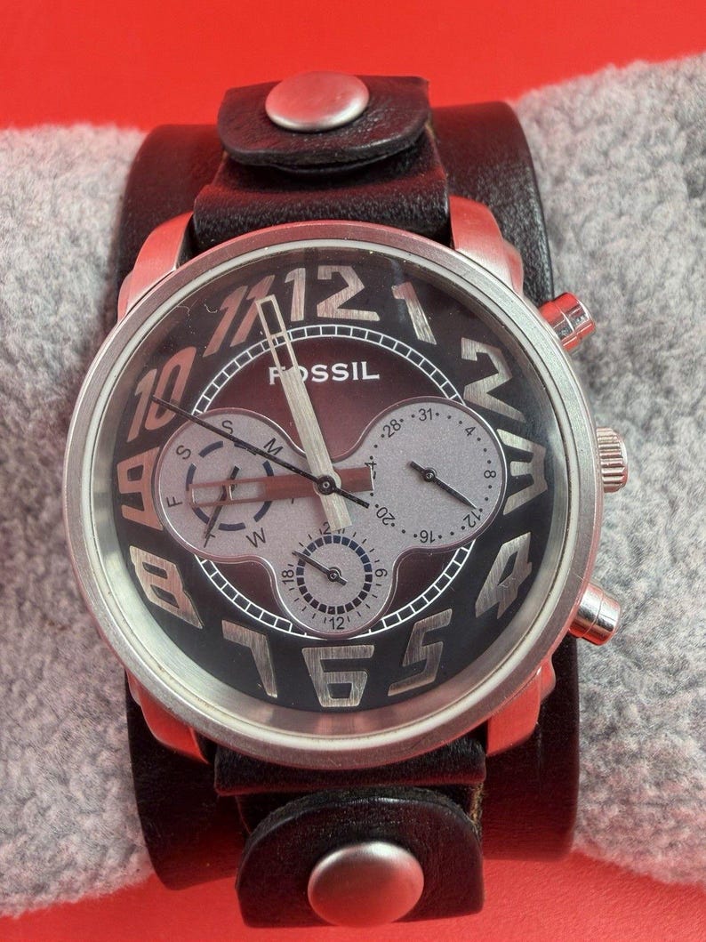 Fossil Chronograph Men's Watch JR9551 Black Leather Cuff 50M WR New Battery image 1