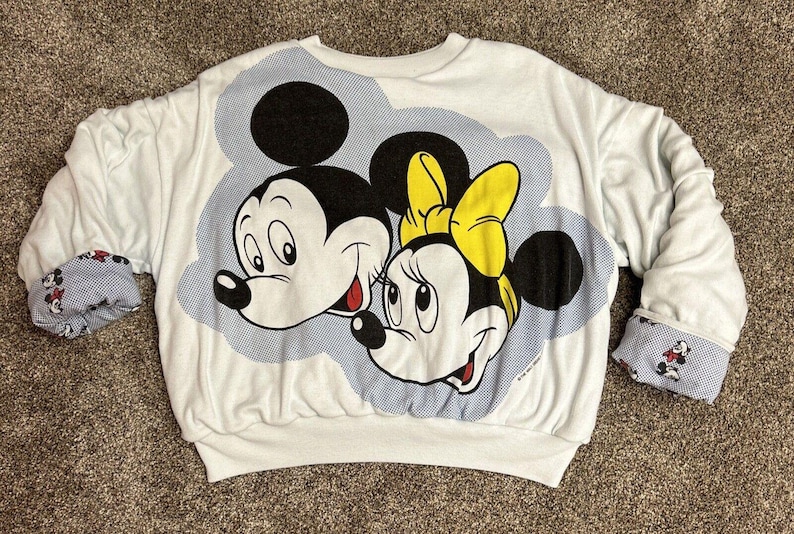 Mickey & Minnie Mouse Reversible Padded Sweatshirt Blue White Check Big Heads image 1