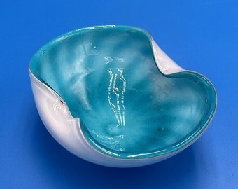 VTG Murano Venezianische Glasschale, handgefertigt in Murano, Italien, blauer Aschenbecher mit Rüschen