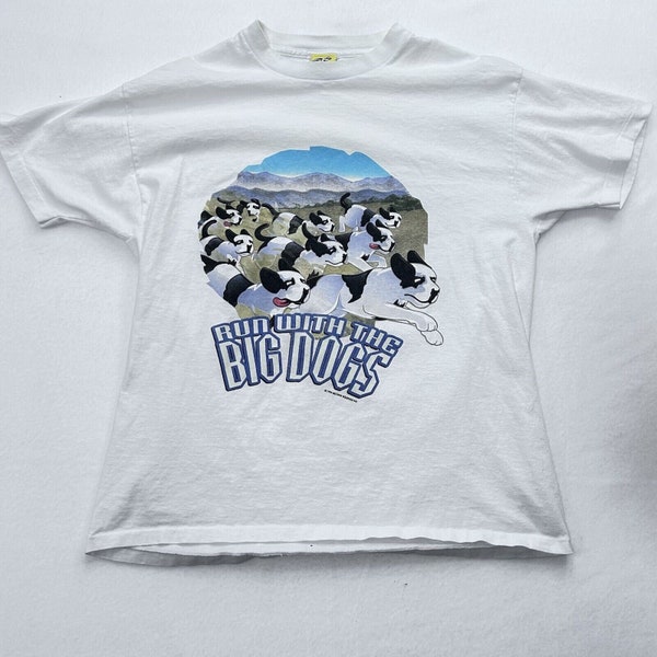 VTG Run With The Big Dogs Mens L T-Shirt Short Sleeve Crew White 1996 Graphic