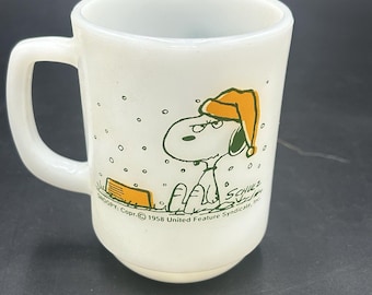 VTG Fire King Milk Glass Snoopy Mug I Hate It When It Snows On My French Toast