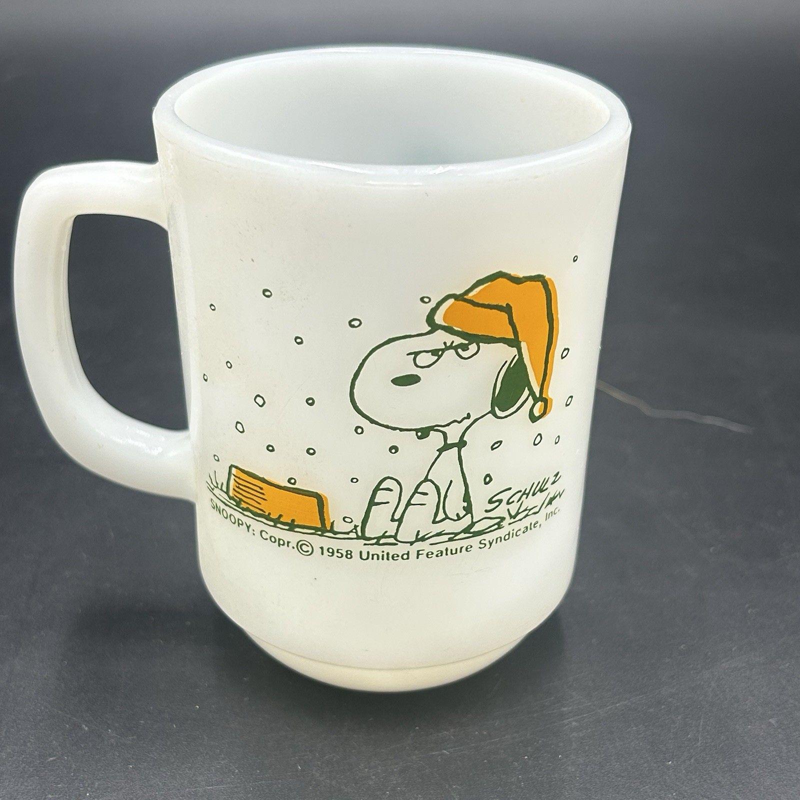 VTG Fire King Milk Glass Snoopy Mug I Hate It When It Snows On My French Toast
