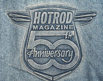 Hot Rod Magazine 50° anniversario giacca di jeans in denim blu effetto consumato L USA