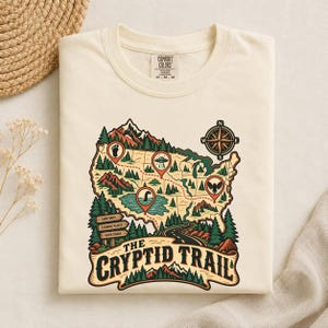 The Cryptid Trail Shirt Vintage US Map Bigfoot T-Shirt Bigfoot Mothman UFO Graphic Tee Vintage Hiking Shirt Comfort Colors Outdoor Gift