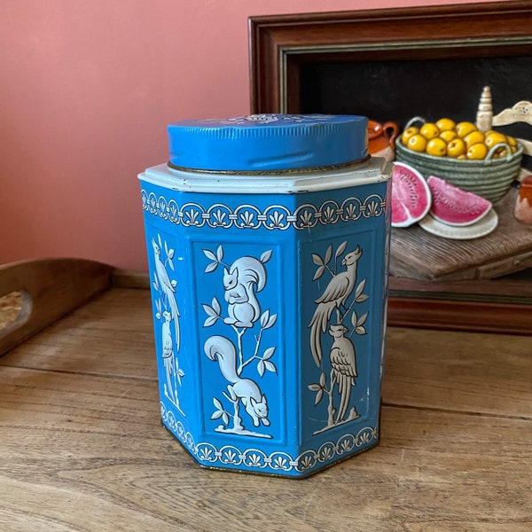 Vintage Octagonal Brookes-Beattie Blue & White Biscuit Tin or Tea Caddy