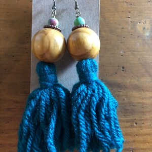 Beaded Tassel Earrings (Multi-Colored, Metal, Light Wood, & Deep Teal Tassel)