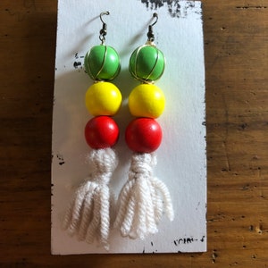 Beaded Tassel Earrings (Green w/Gold Wire, Yellow, Red, & White Tassel - no. 1)