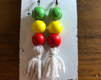 Beaded Tassel Earrings (Green w/Gold Wire, Yellow, Red, & White Tassel - no. 1)