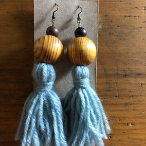 Beaded Tassel Earrings (Dark Wood, Medium Wood, & Light Blue Tassel)