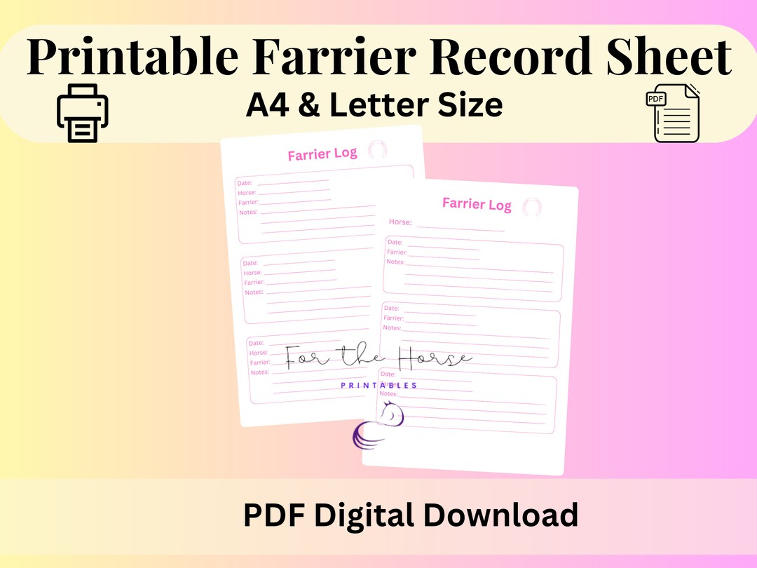 Printable Farrier Record Keeping Chart, Horse Hoof Care Tracker ...