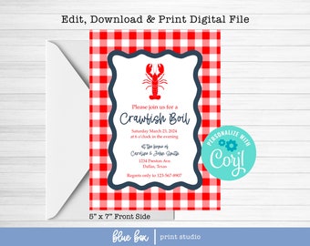 May include: A red and white checkered invitation for a crawfish boil. The invitation features a red crawfish illustration and the text "Please join us for a Crawfish Boil" with the date and time of the event. The invitation also includes the text "at the home of Caroline & John Smith" with their address and phone number for regrets only. The invitation is personalized with the text "PERSONALIZE WITH Coril".