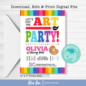 Convite de aniversário com arte editável: Festa de pintura (download digital)