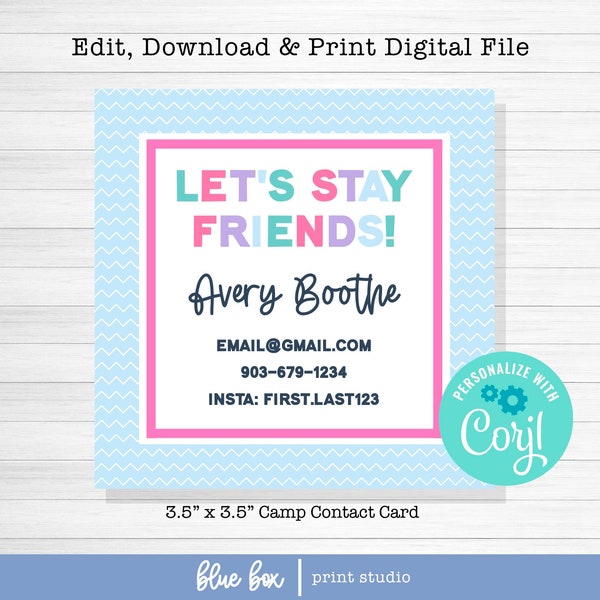 Editable Printable Camp Contact Card Overnight Camp Let's Stay Friends