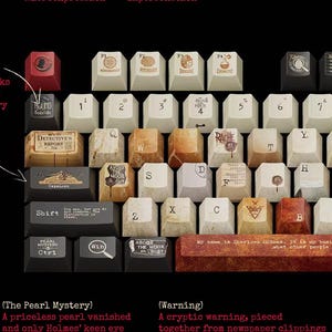 May include: A collection of vintage-style keyboard keys with text and graphics related to Sherlock Holmes. The keys are arranged on a black background, with text such as "Marksmanship", "Psychology", and "The Hound of the Baskervilles".